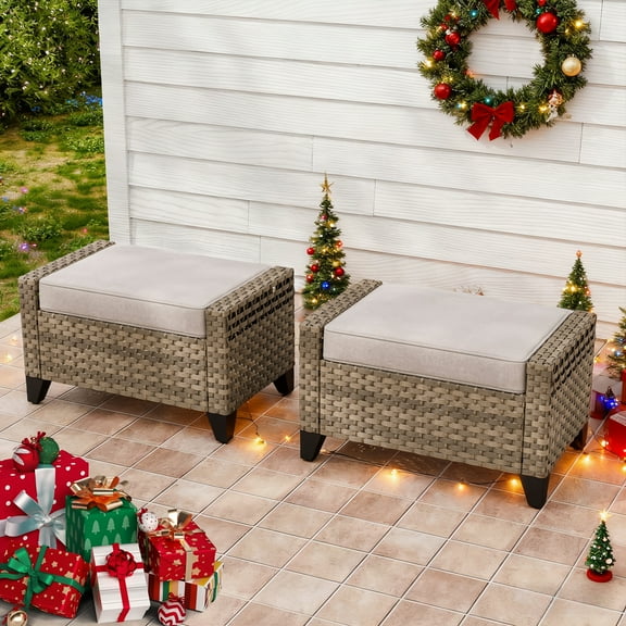 INTER HUT 2 Pieces Modern Outdoor Wicker Patio Footstools, Multipurpose PE Rattan Ottomans Set, Brown/Gray