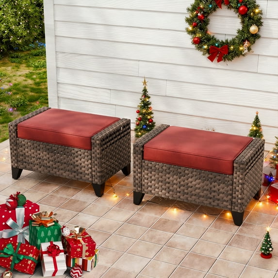 INTER HUT 2 Pieces Modern Outdoor Wicker Patio Footstools, Multipurpose PE Rattan Ottomans Set, Brown/Red