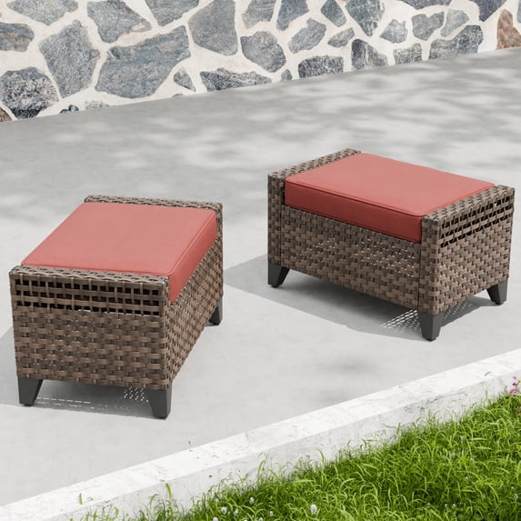 INTER HUT 2 Pieces Modern Outdoor Wicker Patio Footstools, Multipurpose PE Rattan Ottomans Set, Brown/Red