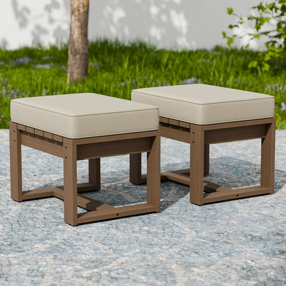 INTER HUT 2 Pieces Outdoor Patio Wood Ottomans, Outdoor Footrest Furniture with Beige Cushions