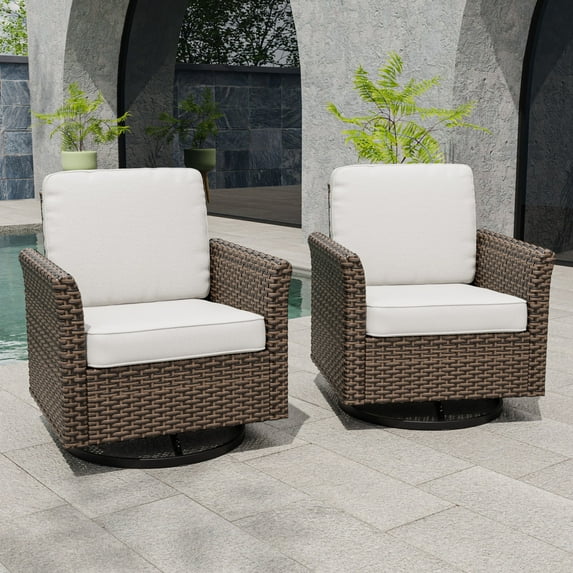 INTER HUT 2PCS Outdoor Patio Wicker Swivel Rocking Chairs with Cushions, Rattan Swivel Conversation Furniture for Porch, Backyard, Deck, Poolside, Garden, Beige