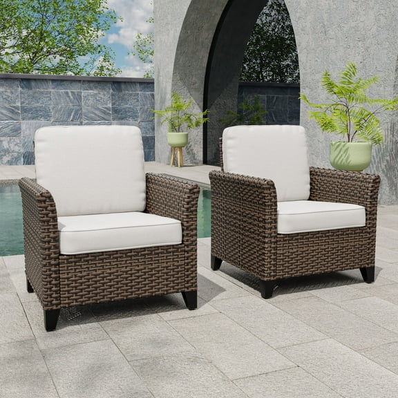 INTER HUT 2PCS Outdoor Wicker Patio Club Chairs with Cushions, Rattan Conversation Furniture for Porch, Backyard, Deck, Poolside, Garden, Beige
