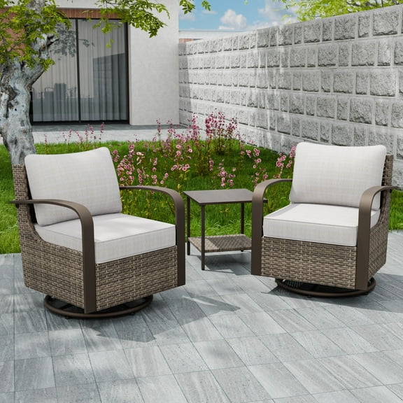 INTER HUT Vista Oasis 3-Piece Brown Wicker Outdoor Seating Group Patio Swivel Chair Set with Beige Cushion for Deck Porch Garden Backyard