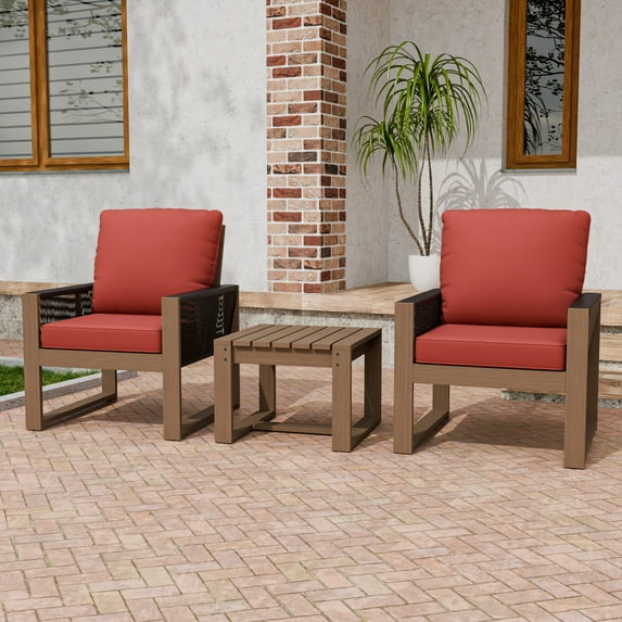 INTER HUT 3 Piece Cedar Patio Outdoor Bistro Sets, Modern Solid Wood Armchairs with Cushion and Side Table, Outdoor Sofa for Garden, Backyard, Red