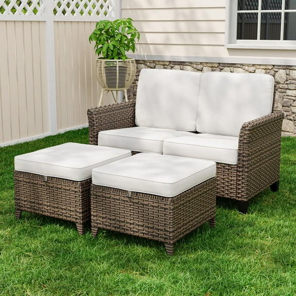INTER HUT 3PCS Outdoor Patio Wicker Bistro Sets with Ottoman, Rattan Conversation Furniture for Porch, Backyard, Deck, Poolside, Garden, Beige