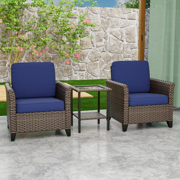 INTER HUT 3PCS Outdoor Patio Wicker Bistro Sets with Side Table, Rattan Conversation Furniture for Porch, Backyard, Deck, Poolside, Garden, Blue
