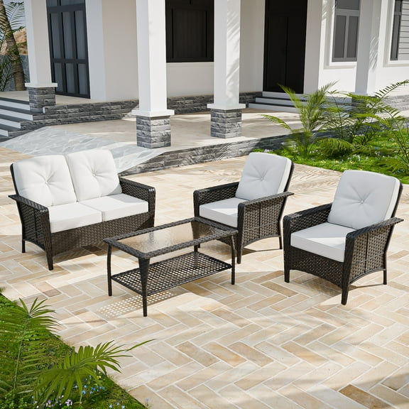 INTER HUT 4PCS Outdoor Patio Furniture Brown PE Rattan Wicker Table And Chairs Set, Outdoor Conversation Sets With Cushion For Balcony, Porch, Backyard, Beige