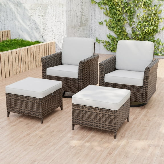 INTER HUT 4PCS Outdoor Patio Wicker Bistro Sets with Ottoman, Rattan Conversation Furniture for Porch, Backyard, Deck, Poolside, Garden, Beige