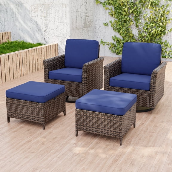 INTER HUT 4PCS Outdoor Patio Wicker Bistro Sets with Ottoman, Rattan Conversation Furniture for Porch, Backyard, Deck, Poolside, Garden, Blue