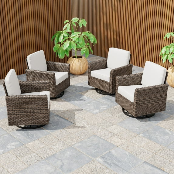 INTER HUT 4PCS Outdoor Patio Wicker Swivel Rocking Chairs with Cushions, Rattan Swivel Conversation Furniture for Porch, Backyard, Deck, Poolside, Garden, Beige