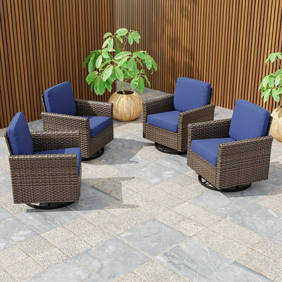 INTER HUT 4PCS Outdoor Patio Wicker Swivel Rocking Chairs with Cushions, Rattan Swivel Conversation Furniture for Porch, Backyard, Deck, Poolside, Garden, Blue