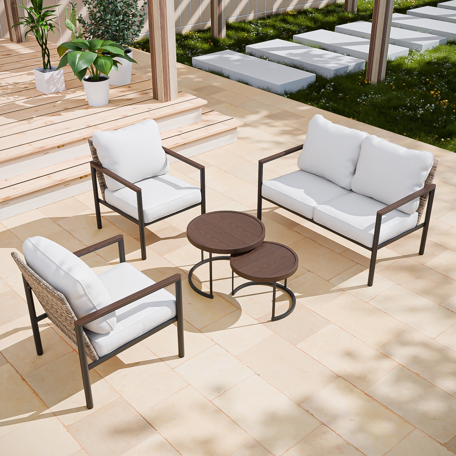 INTER HUT 5 PCS Patio Outdoor Conversation Set with Nesting Coffee Table,Modular Rattan Outdoor Patio Sectional Furniture Sofa Set for Backyard,Beige