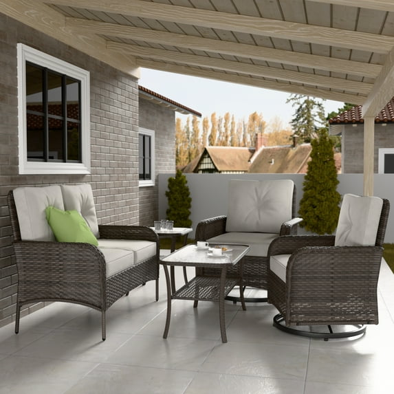 INTER HUT 5 Pieces Patio Furniture Set, Outdoor Rattan Chair Wicker Conversation Sets with Cushions and Glass Coffee Table