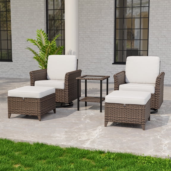 INTER HUT 5PCS Outdoor Patio Wicker Conversation Sets with Side Table and Ottoman, Rattan Conversation Furniture for Porch, Backyard, Deck, Poolside, Garden, Beige