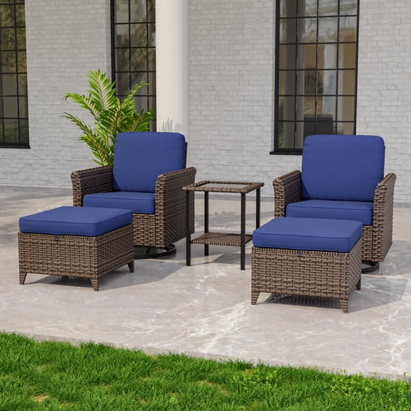 INTER HUT 5PCS Outdoor Patio Wicker Conversation Sets with Side Table and Ottoman, Rattan Conversation Furniture for Porch, Backyard, Deck, Poolside, Garden, Blue