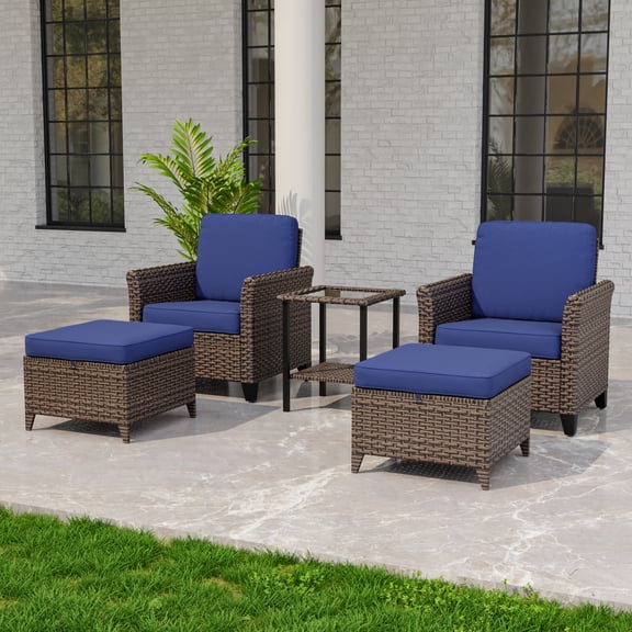 INTER HUT 5PCS Outdoor Patio Wicker Conversation Sets with Side Table and Ottoman, Rattan Conversation Furniture for Porch, Backyard, Deck, Poolside, Garden, Blue