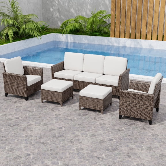 INTER HUT 5PCS Outdoor Patio Wicker Conversation Sets with Ottoman, Rattan Conversation Furniture for Porch, Backyard, Deck, Poolside, Garden, Beige