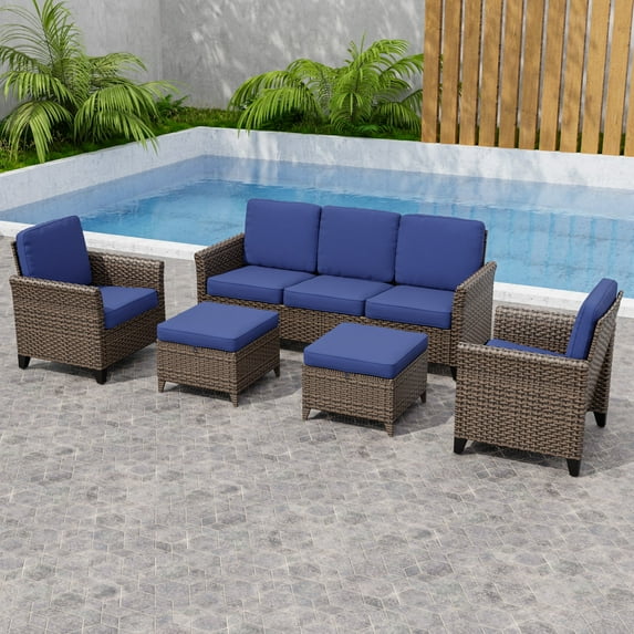 INTER HUT 5PCS Outdoor Patio Wicker Conversation Sets with Ottoman, Rattan Conversation Furniture for Porch, Backyard, Deck, Poolside, Garden, Blue