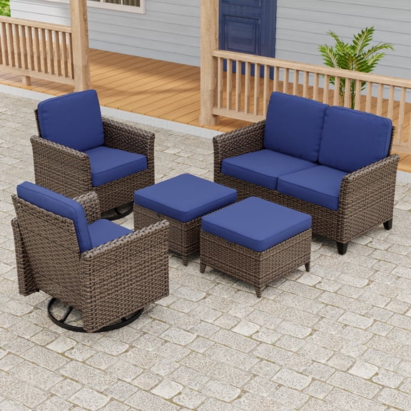 INTER HUT 5PCS Outdoor Patio Wicker Conversation Sets with Ottoman, Rattan Conversation Furniture for Porch, Backyard, Deck, Poolside, Garden, Blue