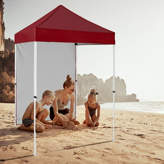 INTER HUT 5x5 Outdoor Pop up Canopy Gazebo with One Removable Sidewall, Instant Easy Set up Outdoor Canopy Commercial Sun Shelter with Carry Bag, Burgundy