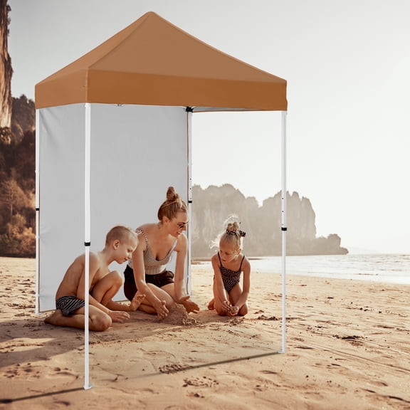 INTER HUT 5x5 Outdoor Pop up Canopy Gazebo with One Removable Sidewall, Instant Easy Set up Outdoor Canopy Commercial Sun Shelter with Carry Bag, Khaki