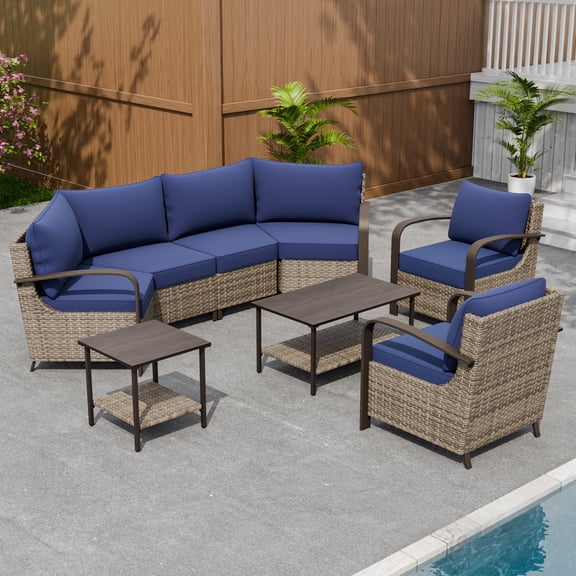 INTER HUT Vista Oasis 6-Person Brown Wicker Outdoor Seating Group Patio Dining Chair Set with Blue Cushion for Deck Porch Garden Backyard