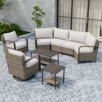 INTER HUT 6-Person Brown Wicker Outdoor Seating Group Patio Swivel Chair Set with Beige Cushion for Deck Porch Garden Backyard