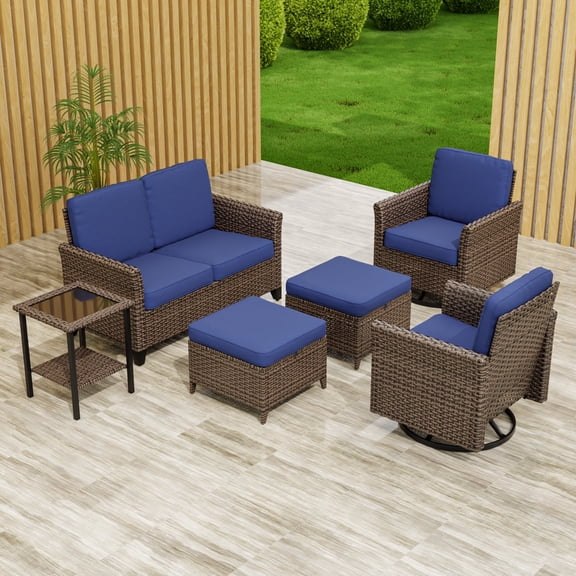 INTER HUT 6PCS Outdoor Patio Wicker Conversation Sets with Side Table and Ottoman, Rattan Conversation Furniture for Porch, Backyard, Deck, Poolside, Garden, Blue