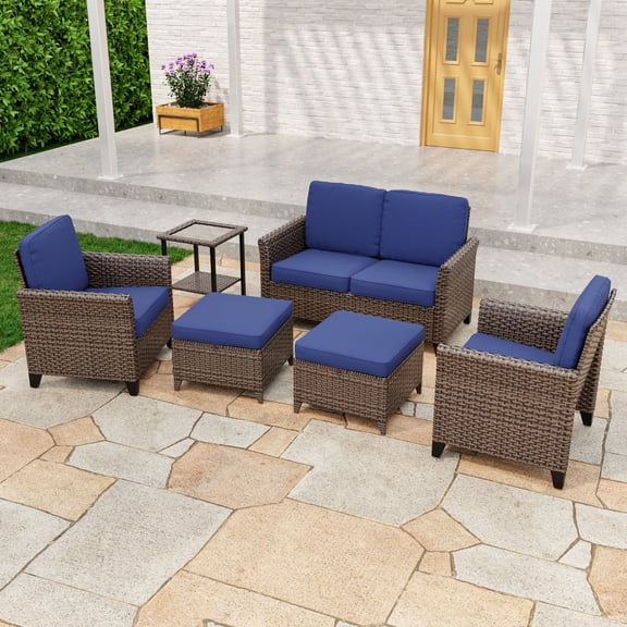 INTER HUT 6PCS Outdoor Patio Wicker Conversation Sets with Side Table and Ottoman, Rattan Conversation Furniture for Porch, Backyard, Deck, Poolside, Garden, Blue