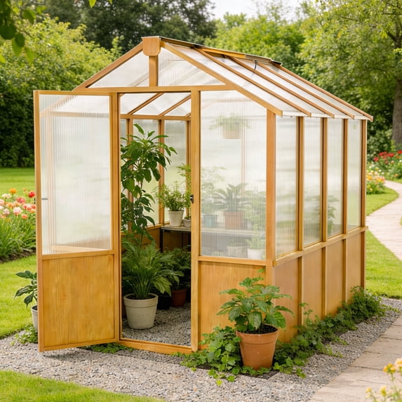 INTER HUT 6x8 FT Polycarbonate Greenhouse for Outdoor, Walk-in Heavy Duty Greenhouse with Adjustable Vent and Solid Cedar Frame, Natural