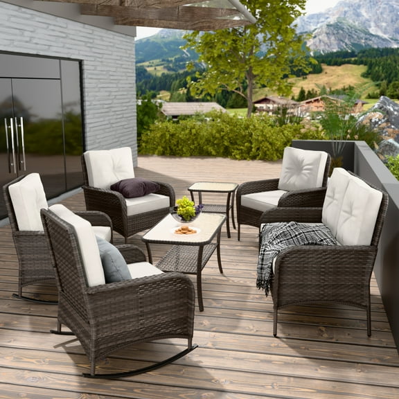 INTER HUT 7 Pcs Outdoor Wicker Rattan Conversation Patio Furniture Set, including 2 Rocking Chairs,2 Dining Chairs,1 Loveseat,1 Coffe Table and Side Table with Cushion, Blue