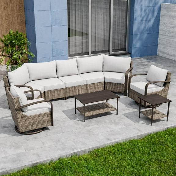 INTER HUT Vista Oasis 7-Person Brown Wicker Outdoor Seating Group Patio Swivel Chair Set with Beige Cushion for Deck Porch Garden Backyard