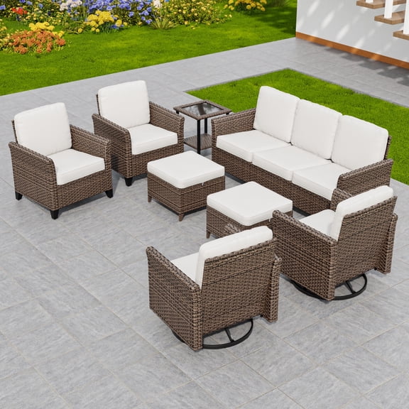 INTER HUT 8PCS Outdoor Patio Wicker Conversation Sets with Side Table and Ottoman, Rattan Conversation Furniture for Porch, Backyard, Deck, Poolside, Garden, Beige
