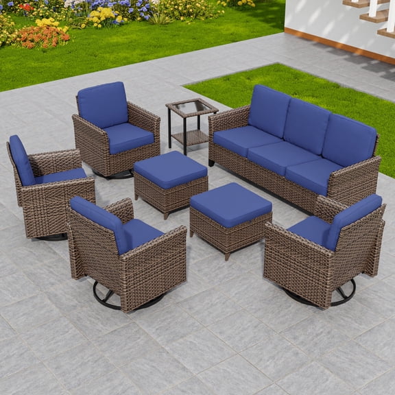 INTER HUT 8PCS Outdoor Patio Wicker Conversation Sets with Side Table and Ottoman, Rattan Conversation Furniture for Porch, Backyard, Deck, Poolside, Garden, Blue