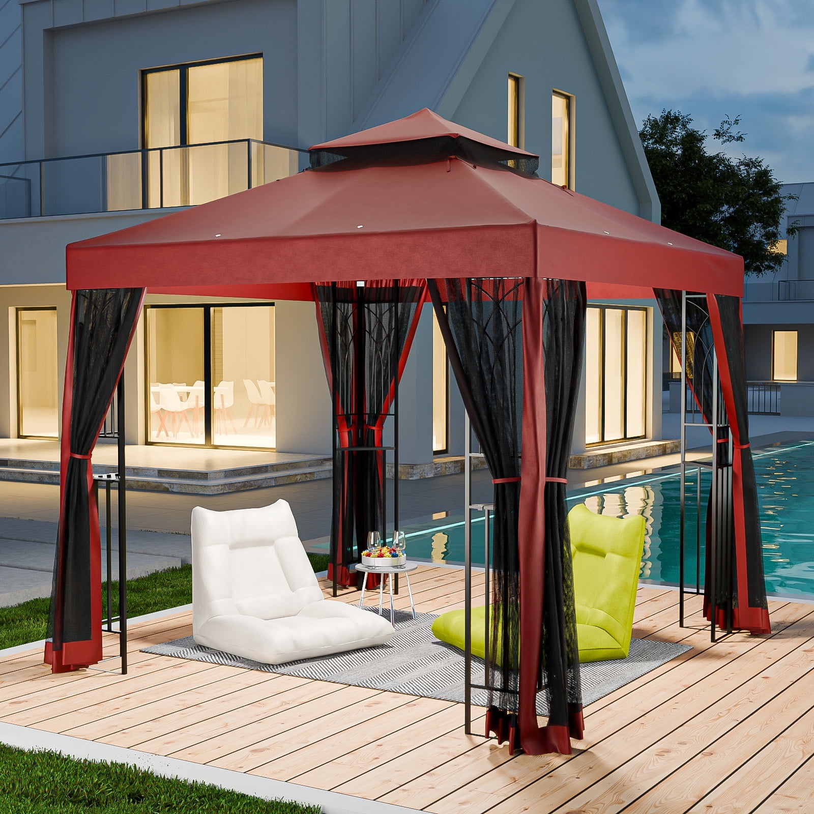 INTER HUT 8x8 Metal Patio Double Soft Roof Gazebo Outdoor Canopy Tent with Netting, Ceiling Hook, Shelves