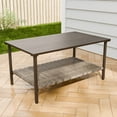thumbnail image 1 of INTER HUT Brown Patio Steel Rectangular Coffee Table with Wood Grain Top, Wicker Shelf, Indoor & Outdoor Use, 1 of 8