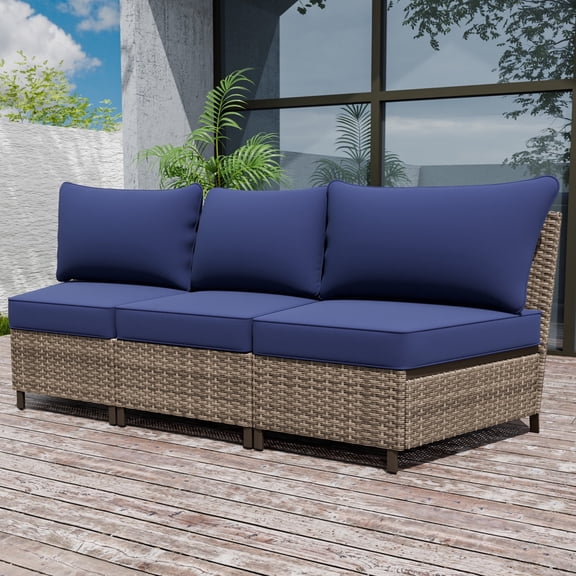 INTER HUT Vista Oasis Brown Wicker Outdoor Patio Conversation Set 3-Seat Armless Sofa Blue Cushion for Deck Porch Garden Backyard