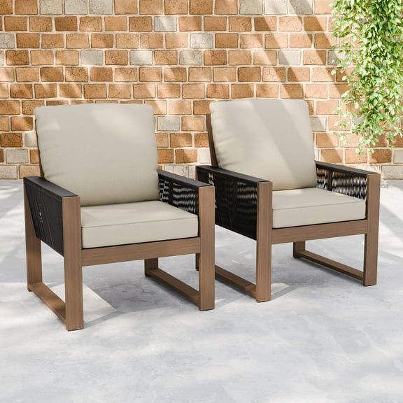 INTER HUT Cedar Patio Dining Chair Set of 2, Modern Solid Wood Armchairs with Cushion and Solid Wood Legs, Outdoor Sofa for Garden, Backyard, Beige