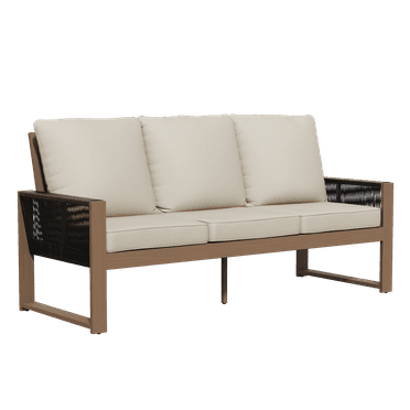 INTER HUT Cedar Patio Outdoor 3 Seater Sofa Couch, Modern Solid Wood Armchairs with Cushion and Solid Wood Legs, Outdoor Sofa for Garden, Backyard, Beige