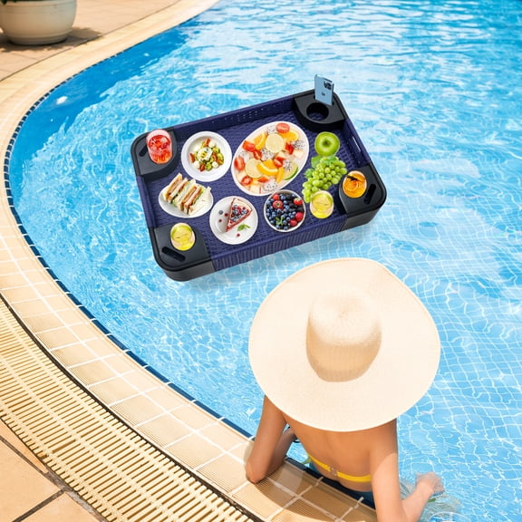 INTER HUT Floating Tray for Pool, Wicker Floating Serving Tray, Drink Tray, Snack Tray for Swimming Pool Floats, Blue