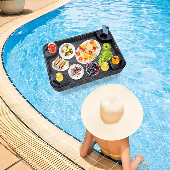 INTER HUT Floating Tray for Pool, Wicker Floating Serving Tray, Drink Tray, Snack Tray for Swimming Pool Floats, Gray