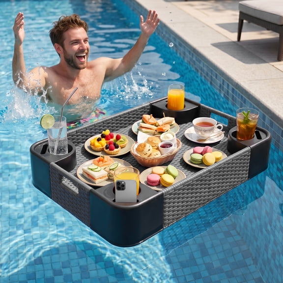 INTER HUT Floating Tray for Pool, Wicker Floating Serving Tray, Drink Tray, Snack Tray for Swimming Pool Floats, Gray