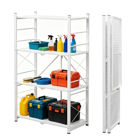 INTER HUT Foldable Greenhouse Shelf, 4-Tier Steel Storage Rack & Plant Stand, Shelving Unit for Greenhouse, Garage & Patio, 1 Pack, White