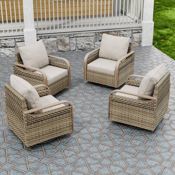 INTER HUT Modern Wicker Outdoor Swivel Rocking Chair, Rattan Glider Rcoker Chairs Patio Furniture, 4 Chairs, Brown/Gray