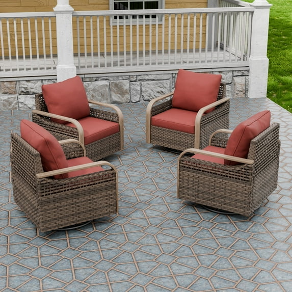 INTER HUT Modern Wicker Outdoor Swivel Rocking Chair, Rattan Glider Rcoker Chairs Patio Furniture, 4 Chairs, Brown/Red