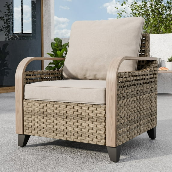 INTER HUT Modern Wicker Patio Chair, Outdoor Chair with Steamlined Armrest, Rattan Chair Patio Furniture, 1 Chair, Brown/Gray