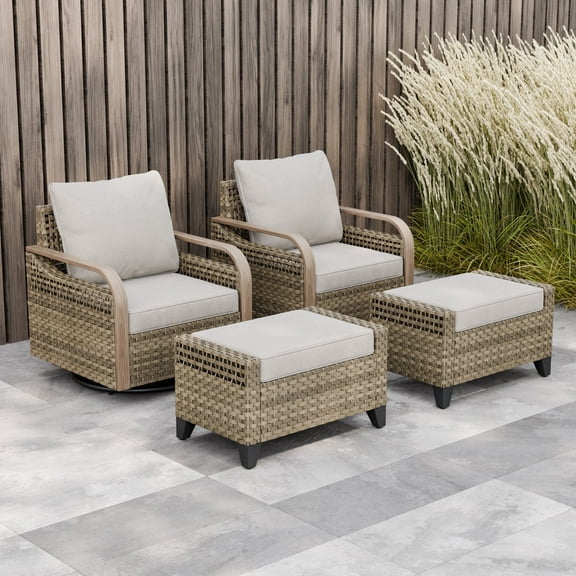 INTER HUT Modern Wicker Outdoor Swivel Rocking Chair, Rattan Glider Rcoker Chair Patio Furniture, 2 Chairs 2 Ottomans, Brown/Gray