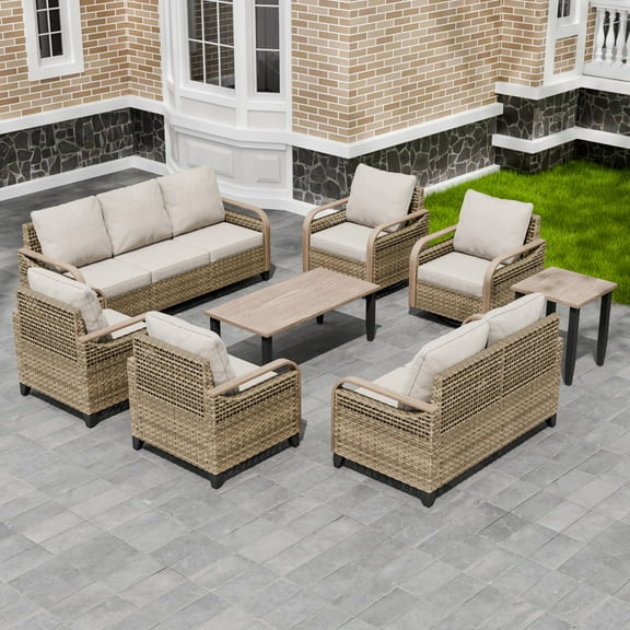 INTER HUT Modern Wicker Patio Furniture Set, Rattan Outdoor Conversation Set? 2 Patio Chairs, 2 Swivel Rocking Chairs, 3 Seat Couch, Loveseat, Coffee Table and Side Table, 8 Pieces, Brown/Gray