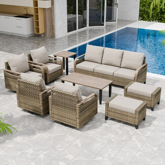 INTER HUT Modern Wicker Patio Furniture Set, Rattan Outdoor Conversation Set, 4 Swivel Rocking Chairs, 3 Seat Couch, 2 Ottomans, Coffee Table and Side Table, 9 Pieces, Brown/Gray