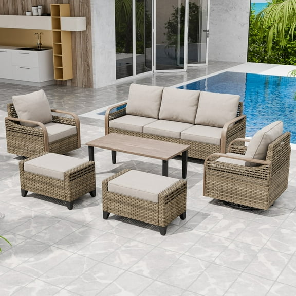 INTER HUT Modern Wicker Patio Furniture Set, Rattan Outdoor Conversation Set with Comfortable Cushions, 2 Swivel Rocking Chairs, 3 Seat Couch, 2 Ottomans and Coffee Table, 6 Pieces, Brown/Gray